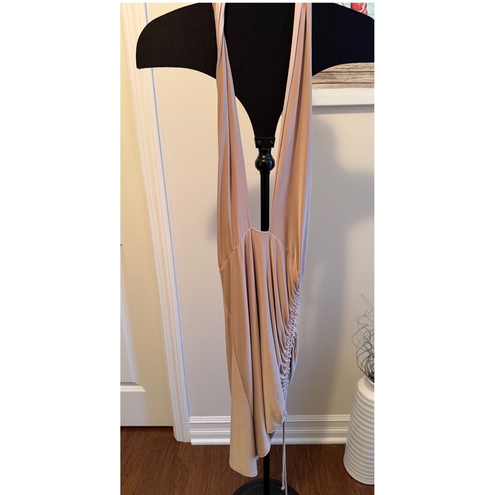 Saints 21 Tan Deep V-Neck Halter Ruched Mini Dress Large‎ Champagne Draped Back